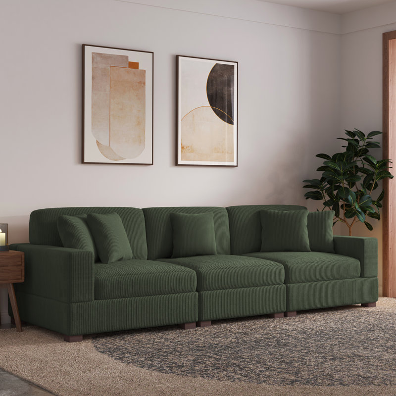 Canapé modulaire rembourré en velours côtelé vert 3 pièces Milbrey avec dossier coussiné et pieds en bois massif Milbrey