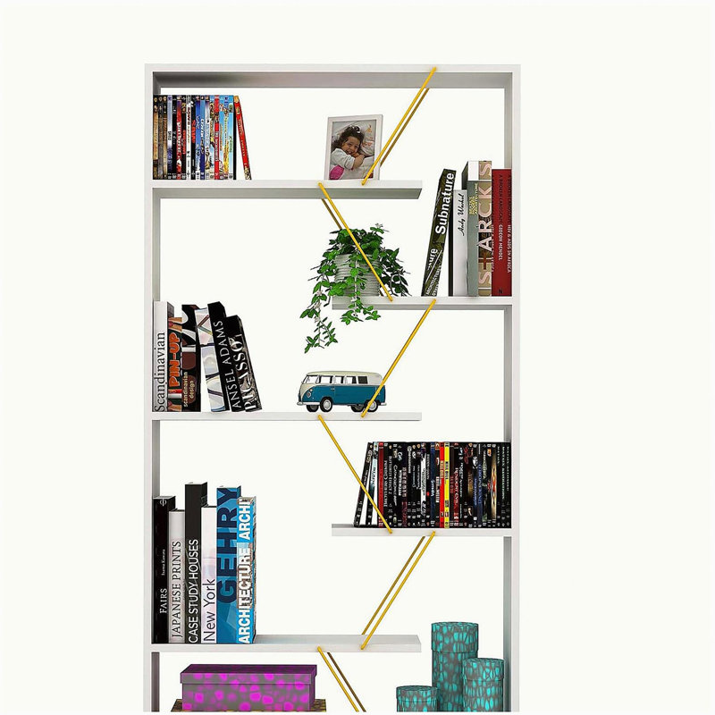 Bibliothèque à 6 tablettes à cadre en bois - Design industriel moderne pour le bureau et le salon, Blanc / Doré