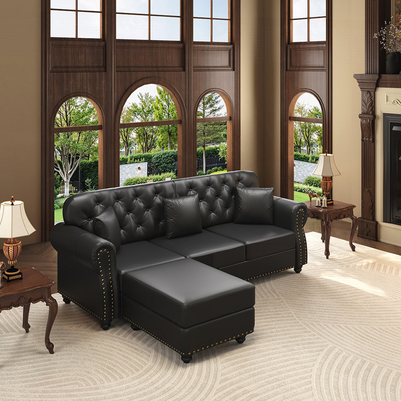 Canapé Chesterfield 82,6 po avec garniture cloutée et accoudoirs roulés de style moderne de 82,6 po avec capitonnage à boutons et capitonné, comprend 3 coussins, noir
