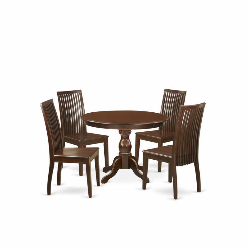  L'ensemble 5 pièces de table et chaises de cuisine comprend une table de salle à manger ronde avec piédestal et 4 chaises en bois massif, acajou de 42 x 42 po