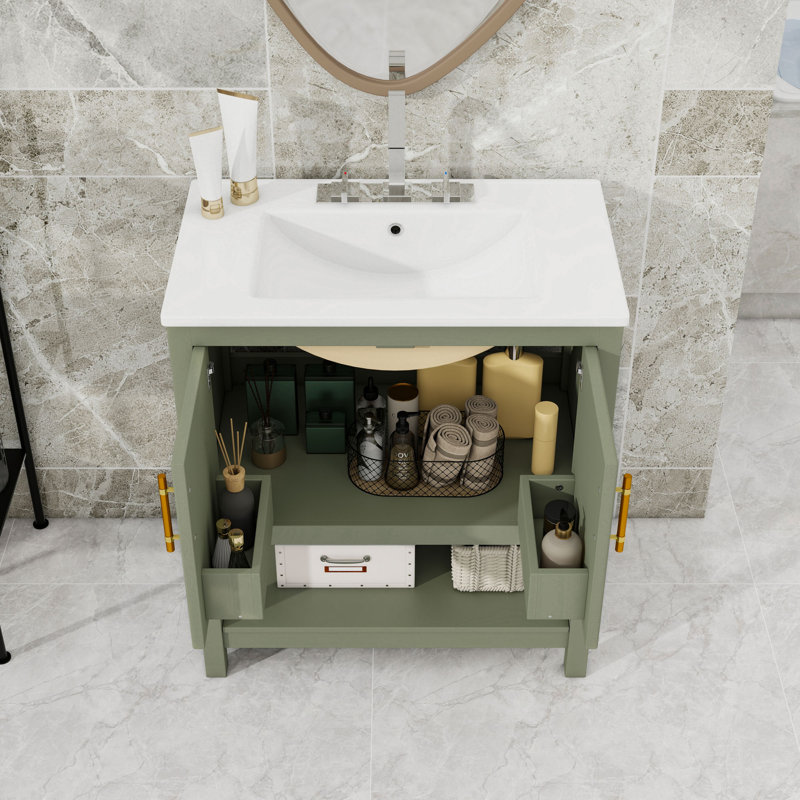 Meuble-lavabo de salle de bain avec lavabo en céramique, tablette Botom et armoire de rangement, Vert