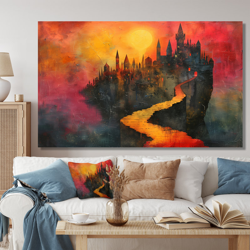 Décoration murale jaune et rouge, coucher de soleil, château magique I - châteaux, Toile tendue, 34" H x 44" W