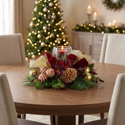 Jiair Hydrangea Holiday Evergreen Centerpiece with Pinecones, Ornaments, Berries and Glass Vase