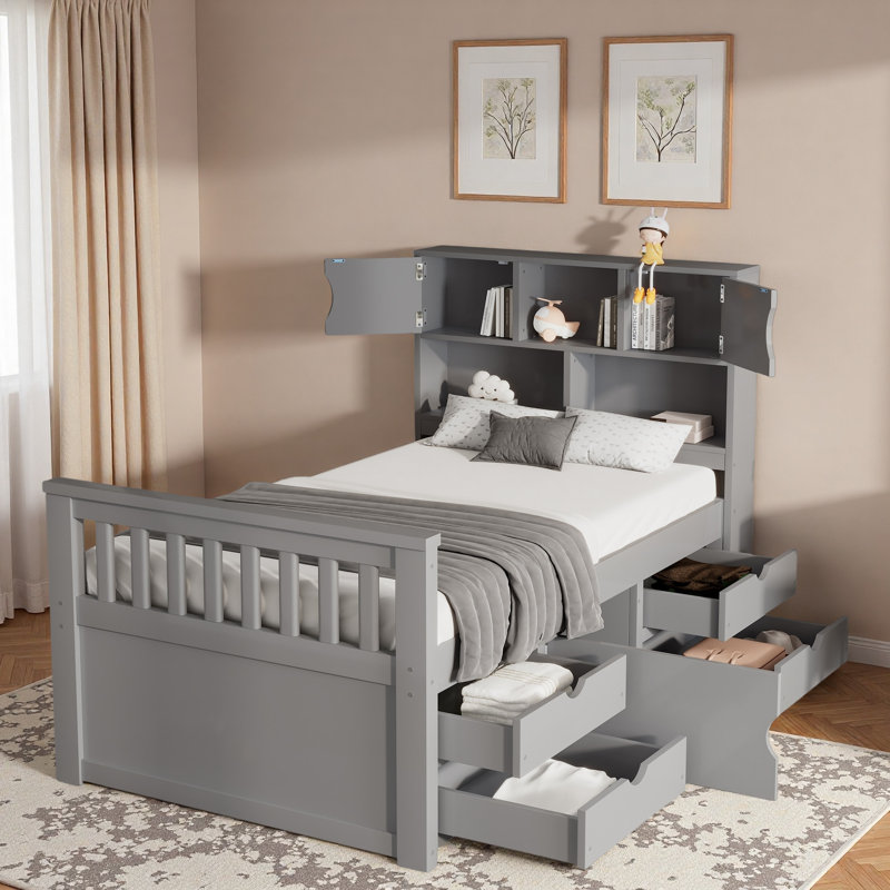 Lit plateforme avec tête de lit, compartiments de rangement et 4 tiroirs, Gris