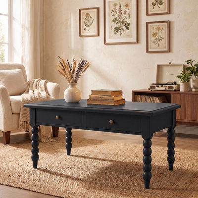 W40" X D22.2" Rectangular Wooden Coffee Table With Storage Drawers, Vintage Cocktail Table With Solid Wood Gourd-Shaped Legs For Living Room