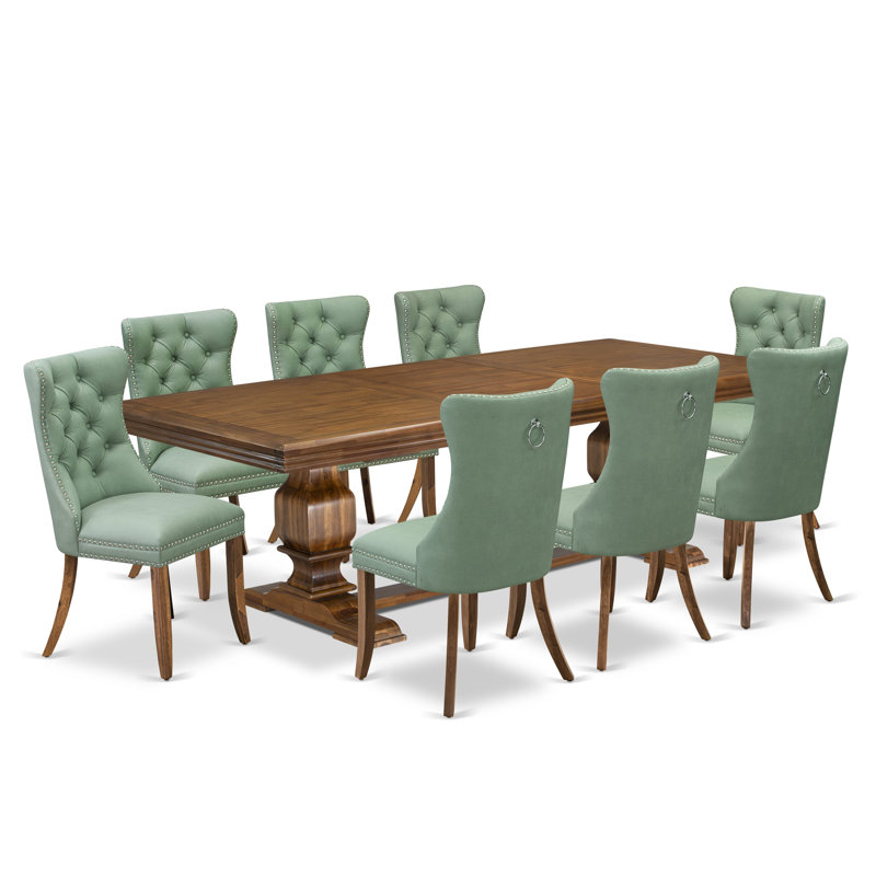 Ensemble de table de salle à manger 9 pièces Mid-Century comprenant une table de cuisine et 8 chaises de salle à manger en tissu de polyester vert saule avec dossier capitonné - Finition noyer antique