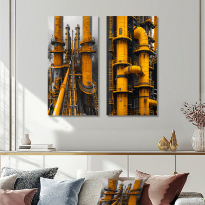 Monochrome Yellow Grey Industrial Pipeline I – Modern Large Metal Wall Decor Print Set of 2