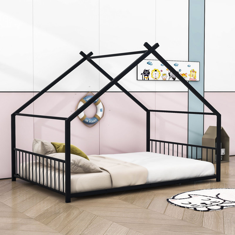 Metal House Bed, Full, Black