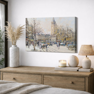 Vintage Paris Street Market Watercolor Artwork, Living Room Pictures, Framed Canvas Giclee Print Wall Art.