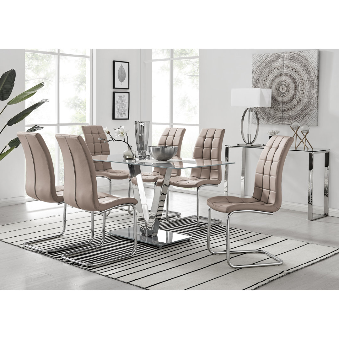 Ransart Modern Luxury Glass & Metal Dining Table Set With 6 Modern Faux Leather Dining Chairs