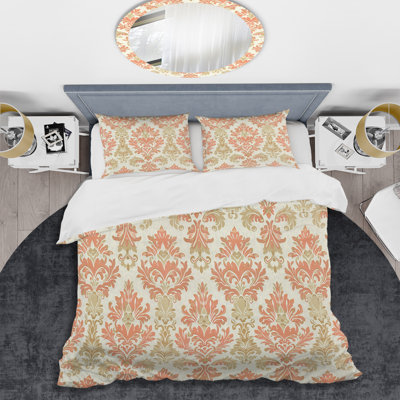 Coral Pink Damask Charm I - Transitional Duvet Cover Set