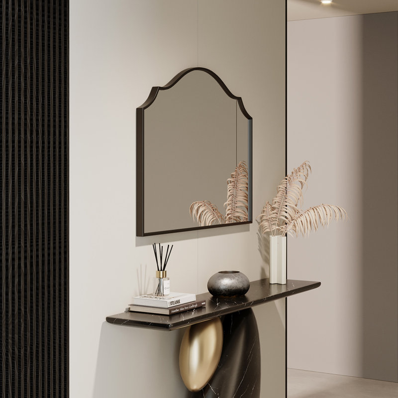26"x36" Arched Mantel Scalloped Bathroom Wall Mirror with Metal Frame for Vanity, Vintage Notched Edges Design Ideal for Fireplace, Bedroom, Living Room, Entryway Hangs Vertically