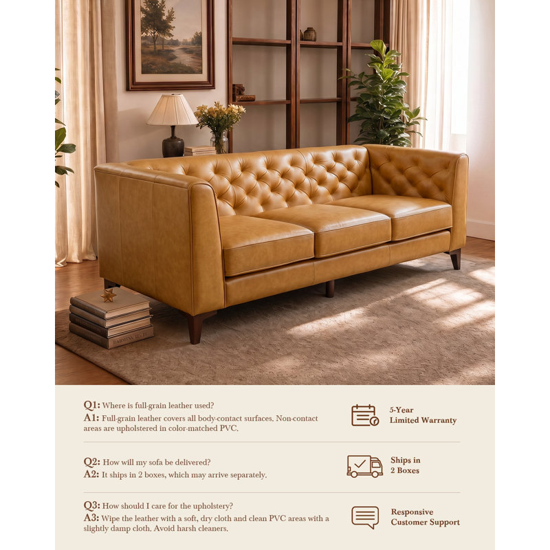 Canapé 3 places 211 cm en cuir pleine fleur ciré, style moderne du milieu du siècle, structure en bois massif avec pieds, coussins confortables, facile à nettoyer et à monter, idéal pour salon, chambre ou appartement, brun