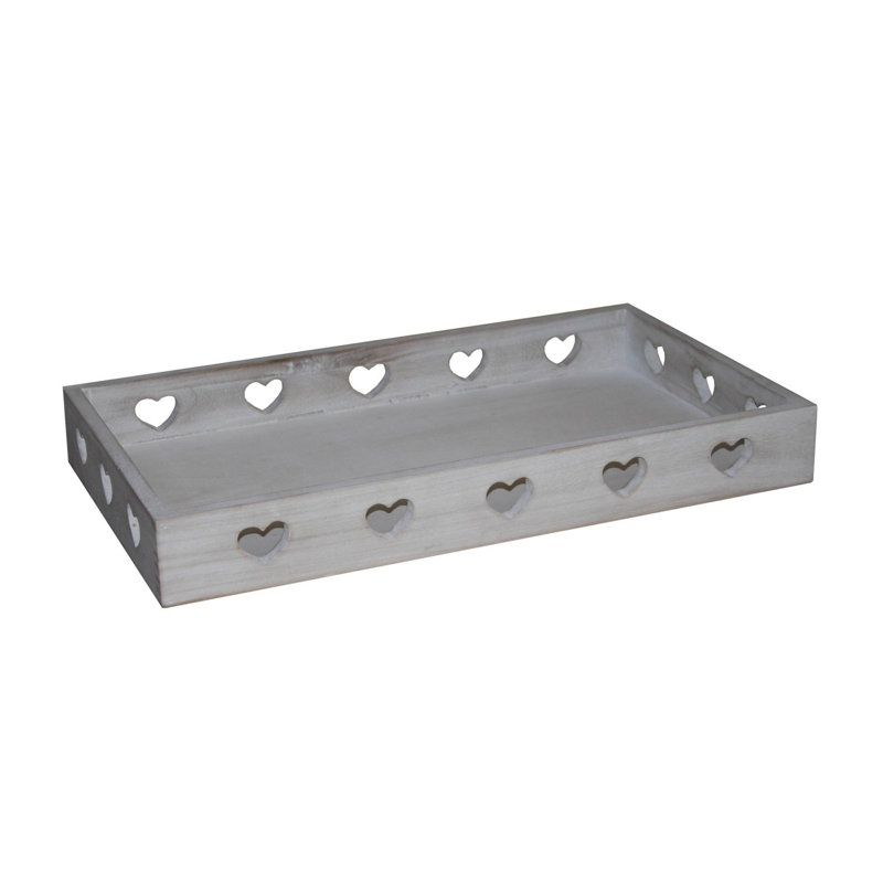 Plateau rectangulaire de style campagnard avec découpes en forme de cœur, blanc délavé