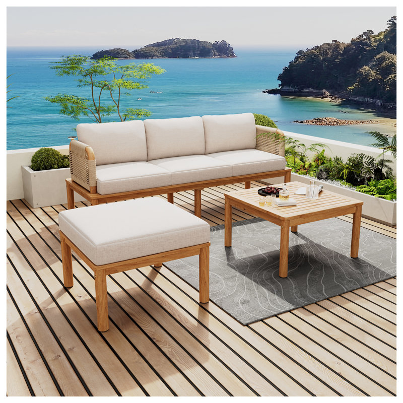 Ensemble de conversation d'extérieur en bois d'acacia et corde avec coussins beiges 3 pièces