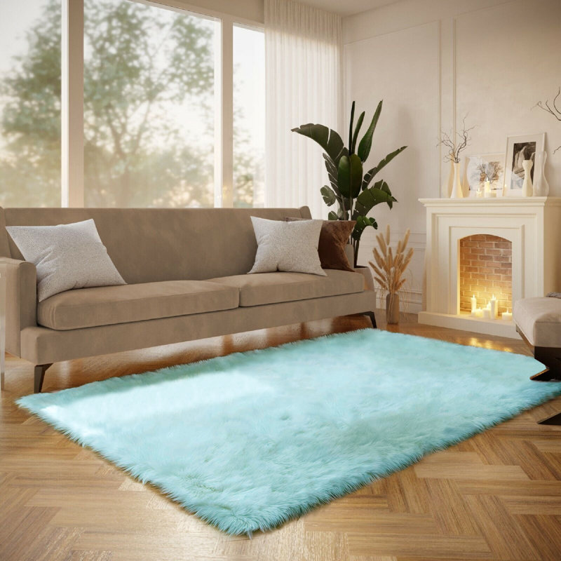 Tapis à poils longs Haja Turquoise, Rectangulaire 8 pi x 10 pi