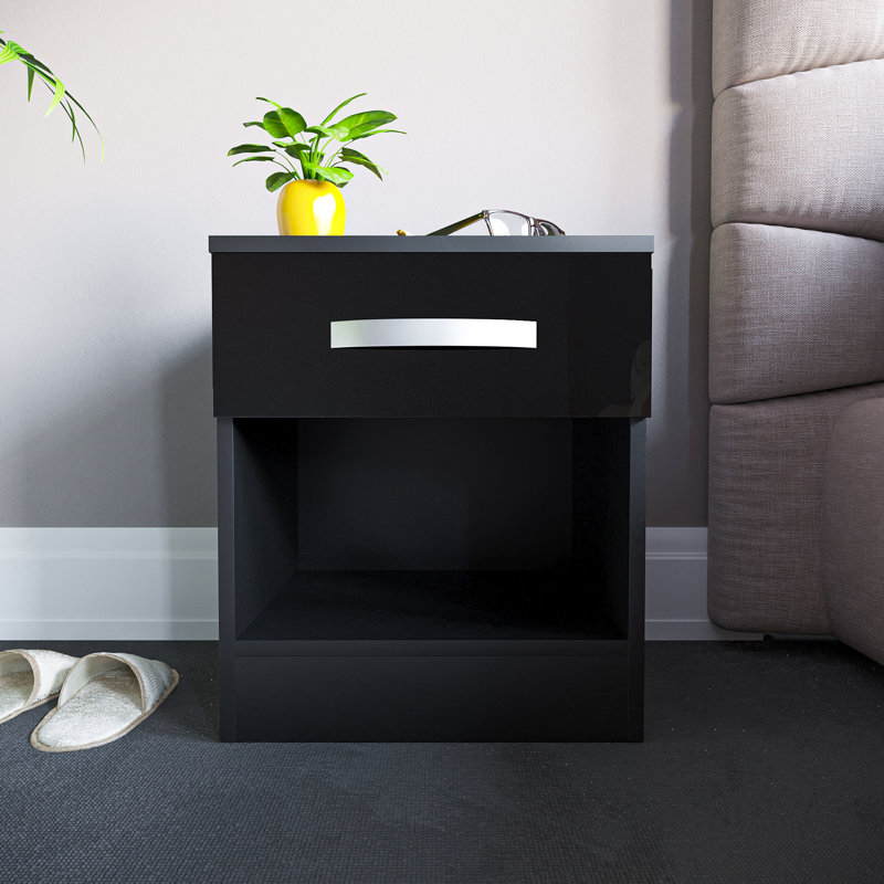 Arkadij High Gloss 1 Drawer Manufactured Wood Bedside Table, Modern Bedroom Cabinet, Black