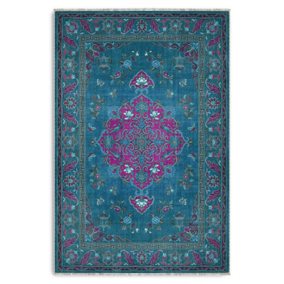 Petrol Blue Retro Vintage Chenille Rug Carpet Runner Non-Slip Washable for Living Room Kitchen Hallway