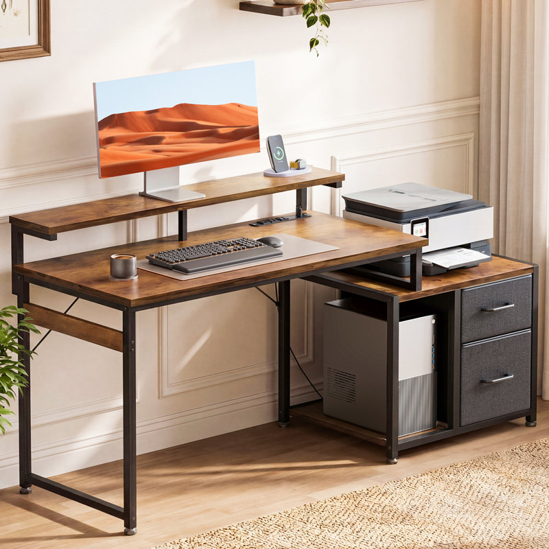 Mateo 56" Reversible Computer Desk with Printer Storage, Power Outlet, 2 Fabric Drawers and PC Stand,Rustic Brown
