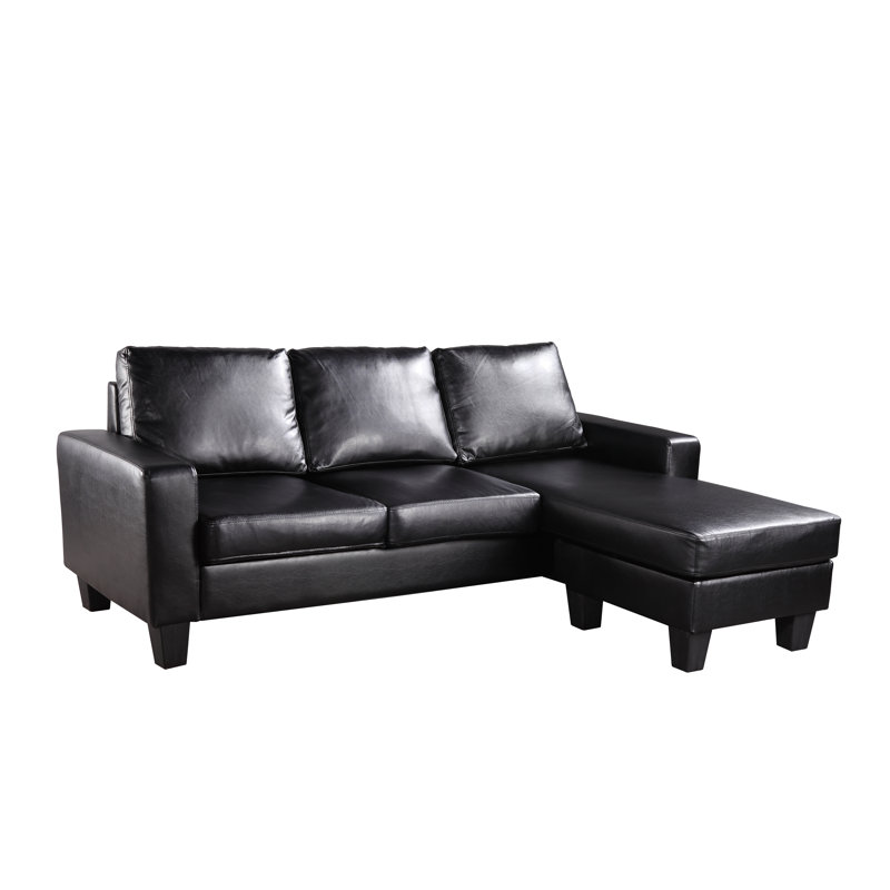 Como Faux Leather L-Shaped Sectional Reversible, Black Faux Leather