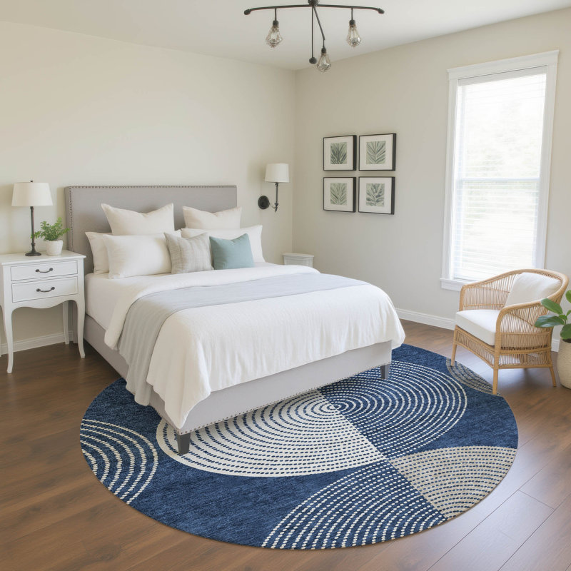Premium Machine Washable Mayfield AMF2281 Geometric Rug, Navy, 8' Round