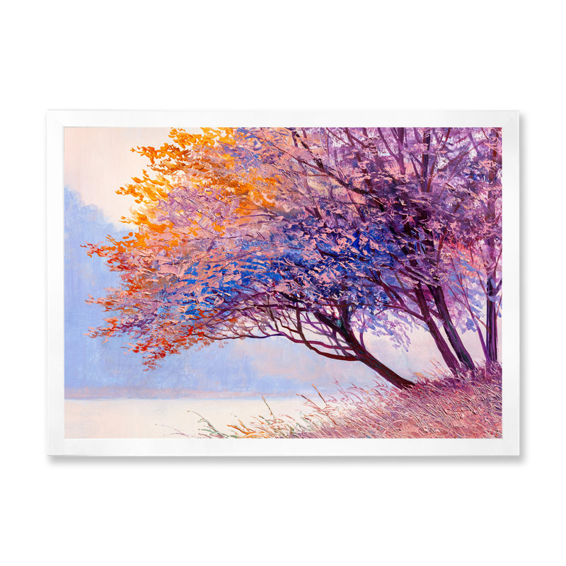 Magnifique arbre mauve sur le lac - reproduction sur toile flottante, H 16 po x l 32 po x P 1 po, Cadre photo blanc