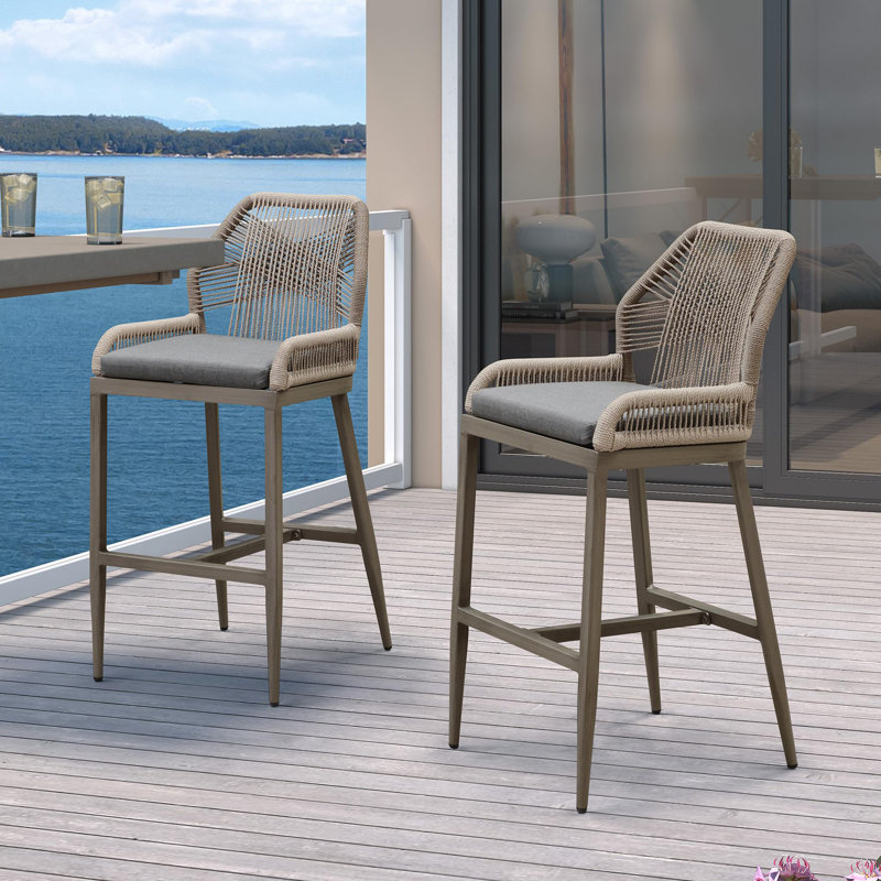 Purple Leaf Patio Upcycled Fabric Bar Stools 28" H Set Of 2 Handwoven Wicker Bar Height Stool Modern Aluminum High Bar Chairs Outdoor Wicker Barstools With Back And Cushion For Kitchen Pool Island