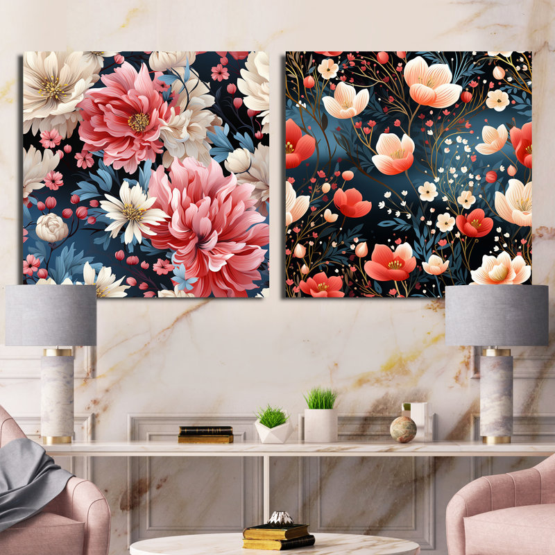 Leora - Ensemble de 2 collages floraux carrés, H 36 po x l 73 po, Toile tendue