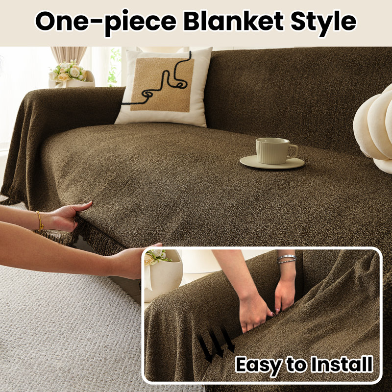 Pet-Friendly Waterproof Couch Cover with Tassel, Brown 71"x118", Khaki, 118.11" W x 70.86" D