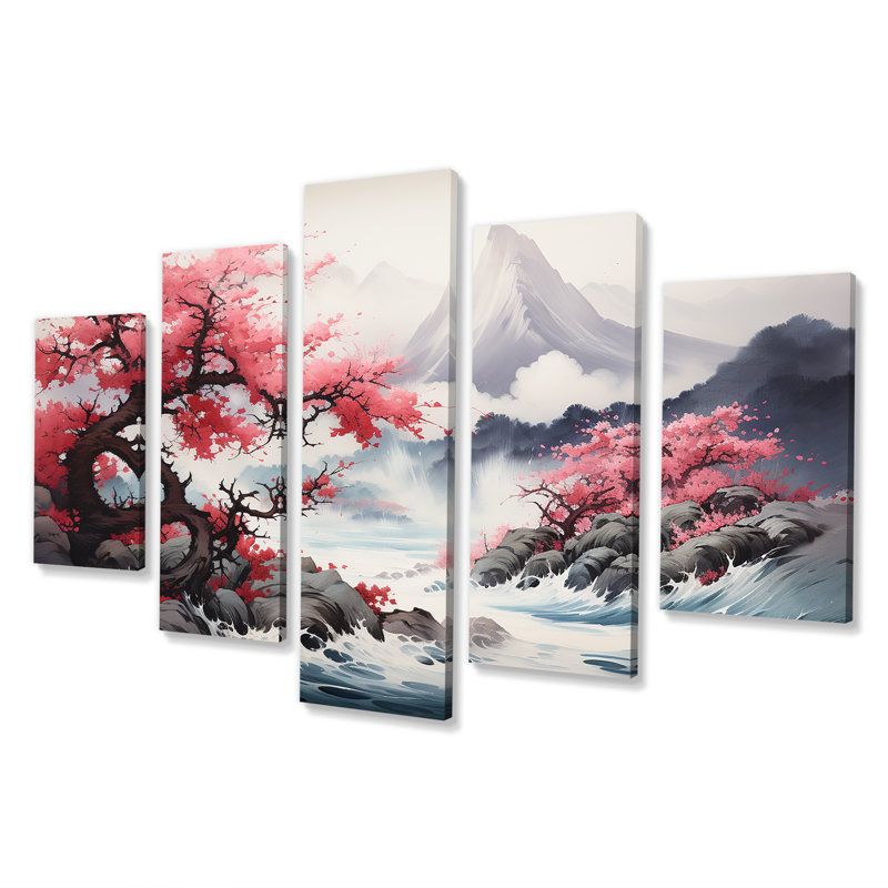  «Japon montagne printemps fleurs de cerisier I - art mural multi-panneaux japonais pour le salon