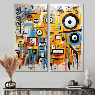 «Yellow and Blue Graffiti Art Eyes Chaos I», reproductions d'art moderne sur toile 2 pièces