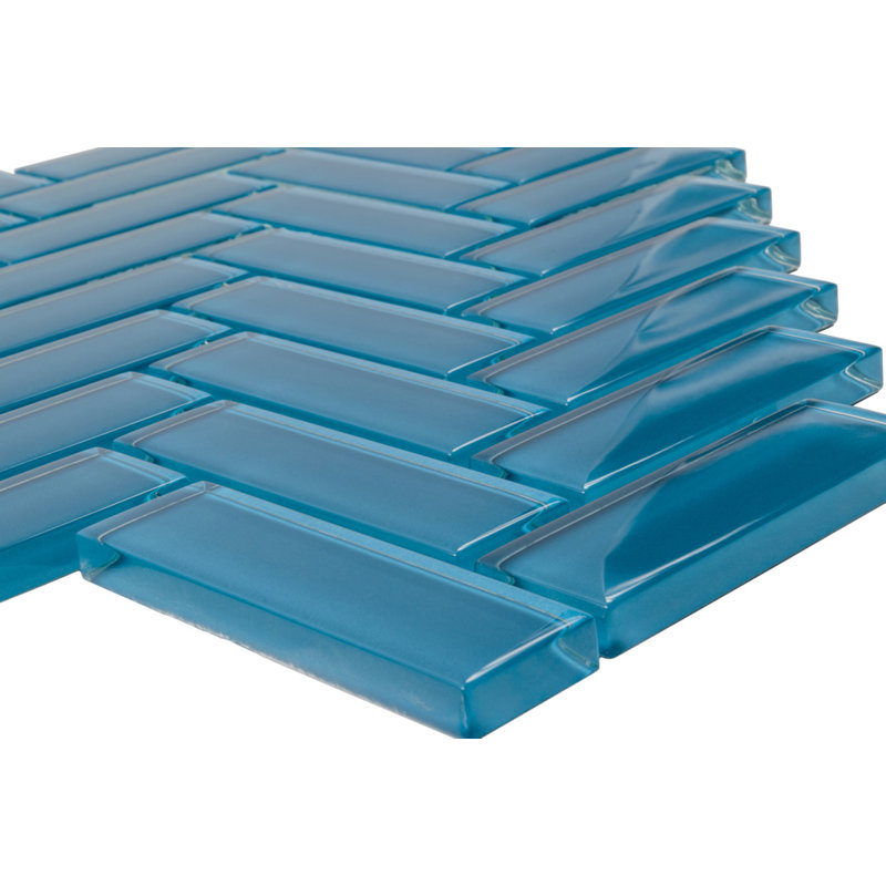 11"X 12.6" Herringbone Polished Glass Mosaic Tile, Sky Blue