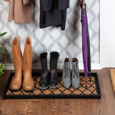 Eco-Friendly 14" x 34" Tan and Black Trellis Heavy-Duty Rubber Boot Tray with Raised Edge for Muddy Shoes, Garden Tools & Pet Supplies — Indoor/Outdoor