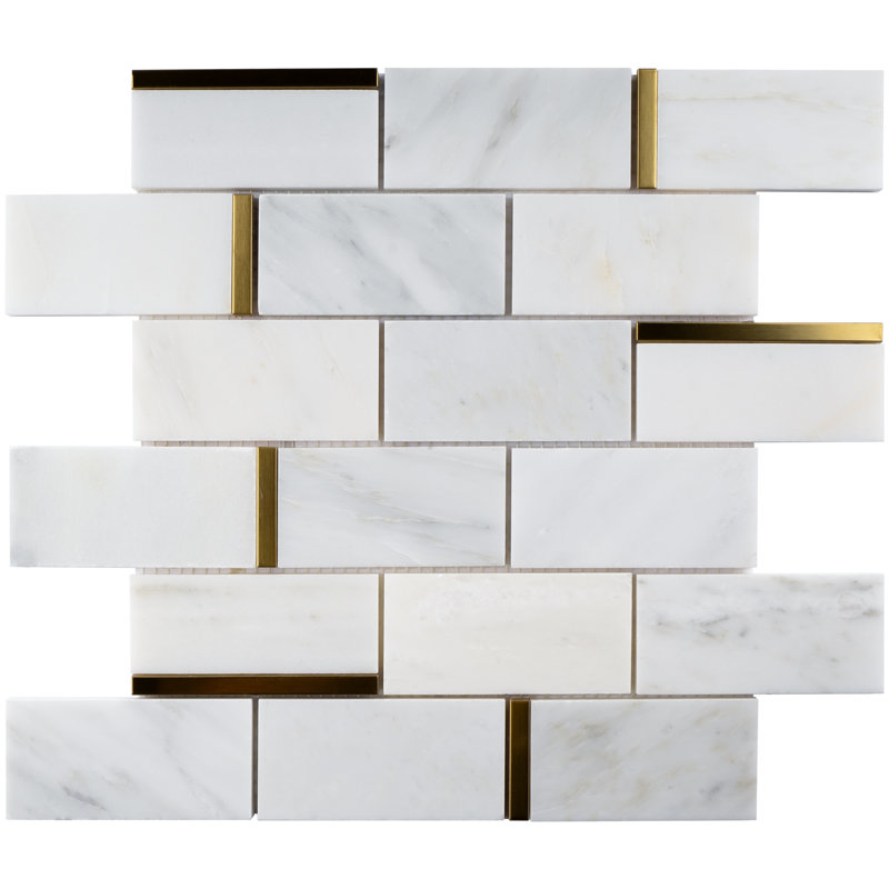 Natural Bianco 2" x 4" Marble Brick Joint Mosaic Wall Tile, Gold/White