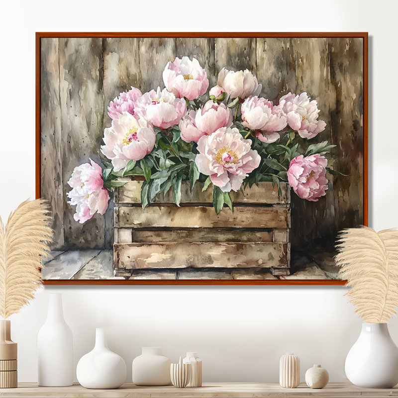 Pivoine campagnarde - Bouquet de pivoines, H 30 po x l 40 po, Floater Framed, Brun