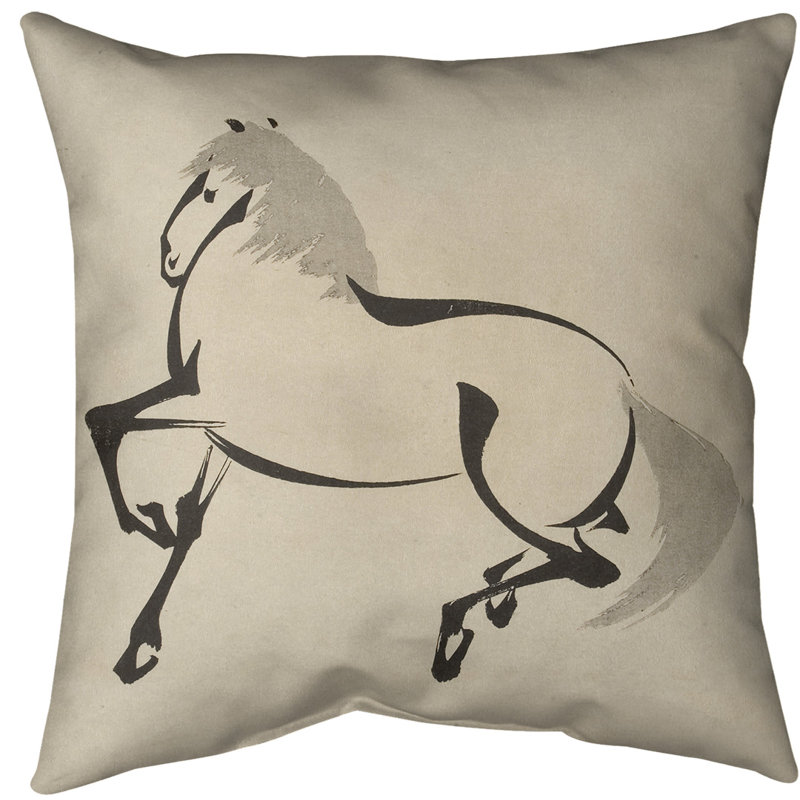 Oreiller japonais en aquarelle de cheval, Beige, Faux lin