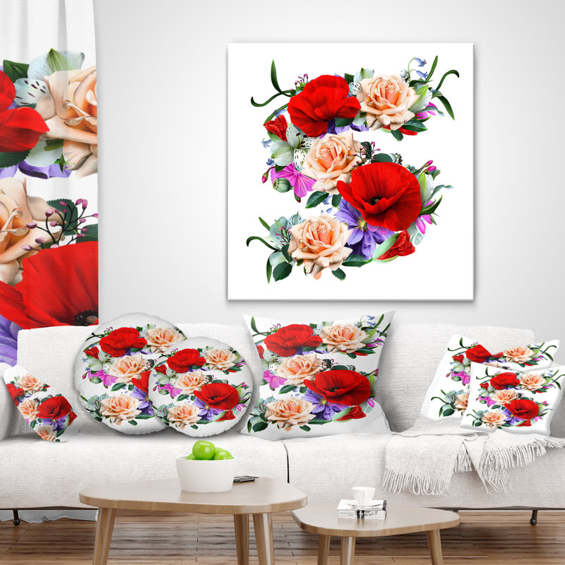 Illustration florale avec une variété de fleurs - Coussin imprimé floral, 18 po x 18 po, Coussin décoratif
