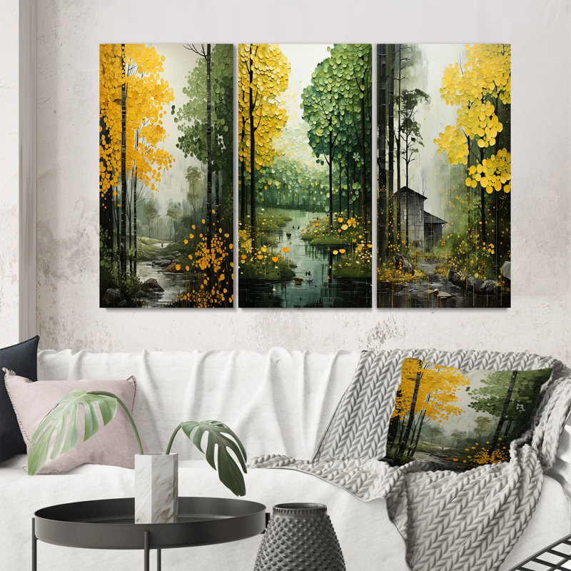«Orange Green Trees Canopy Patchwork», 3 pièces sur toile, Toile tendue, H 32 po x l 48 po