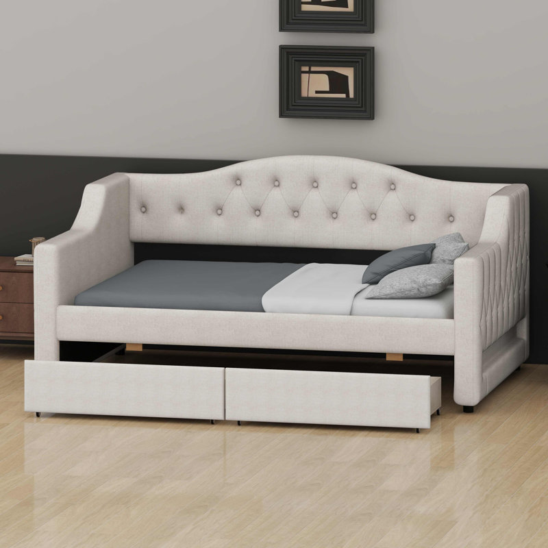 Lit de jour rembourré peu encombrant conçu avec des tiroirs sous le lit et une élégante ceinture à DEL, Beige