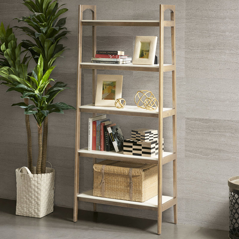 Unité de rangement d'inspiration Mid-Century - structure en bois massif, cadre blanc à 5 tablettes, Blanc cassé / naturel