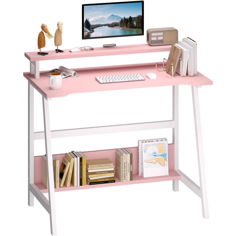 Computer Home Office Desk, 31.5" Desk for Small Spaces with Storage Shelf,Small Computer Desk with Monitor and Bookshelf, Modern Simple Style Laptop Desk,Pink
