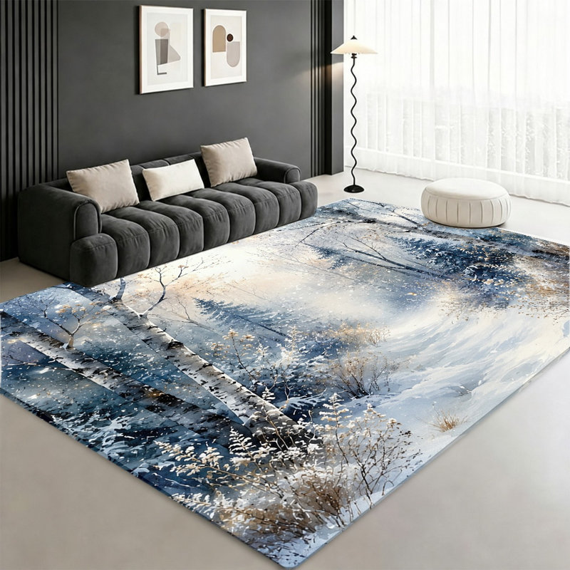 Tapis paysage aquarelle Winter Forest, Rectangle 9 pi 10 po x 6 pi 7 po (300 x 200 cm)