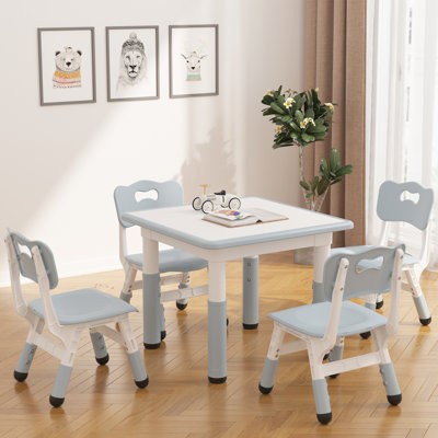 Kids Table and 4 Chairs Set with Graffiti Desktop, Height Adjustable Toddler Table and Chairs Set, Children Play Table for Reading, Drawing, Playing, Eating