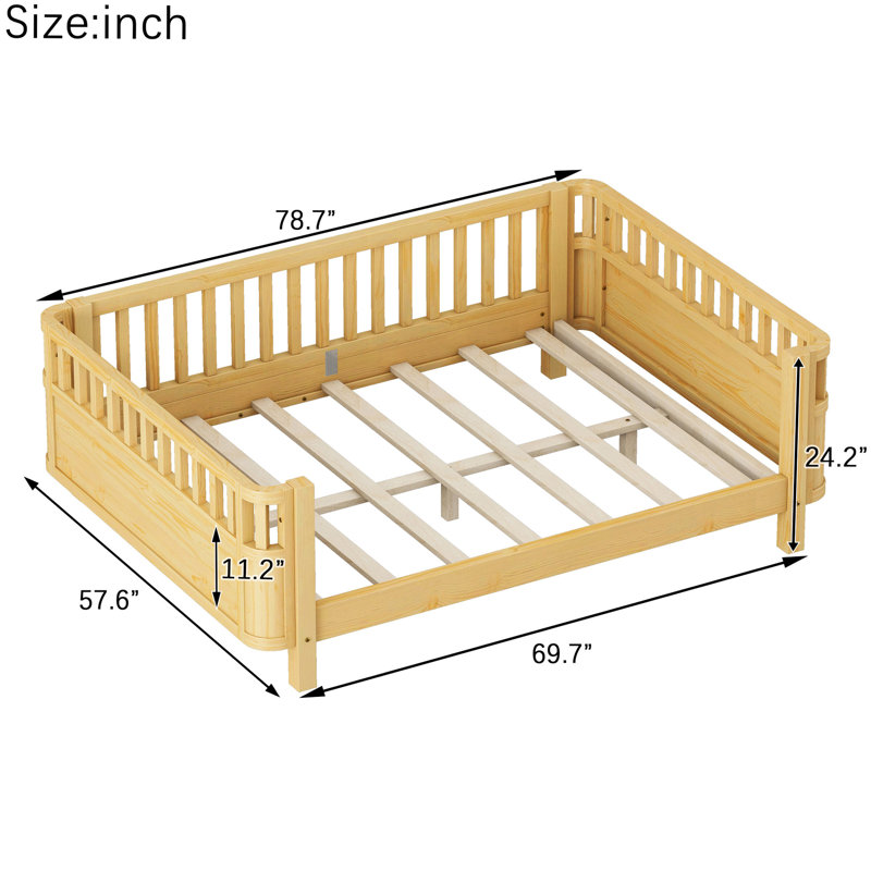 Lit double avec rails - De bas au sol, Bois naturel, Design, Sécuritaire, Peut être utilisé comme lit de jour, Rails réglables, Finition en bois de taille moderne et élégante, Côté enlevé, Idéal petit,