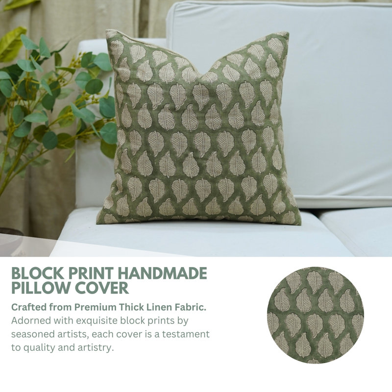 Fabdivine Pillow Cover Handmade Block Print Cushion-Sun Flower, Square 22", Green Block Print/Floral 2