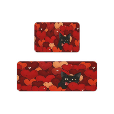 Valentine Black Cat Print Kitchen Mats for Kitchen & Pet Lovers, Red Orange Set of 2