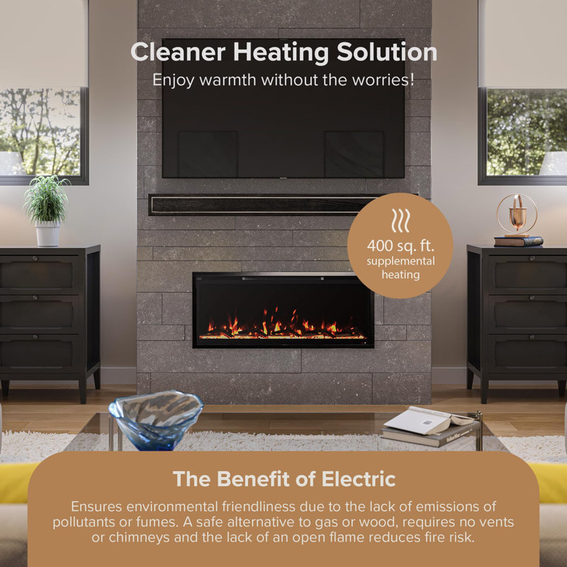 Modern Ember Aerus Smart Linear Electric Fireplace - Recessed In-Wall And Wall-Mount, Multiple Flame Colors, Works With Alexa And Google Assistant