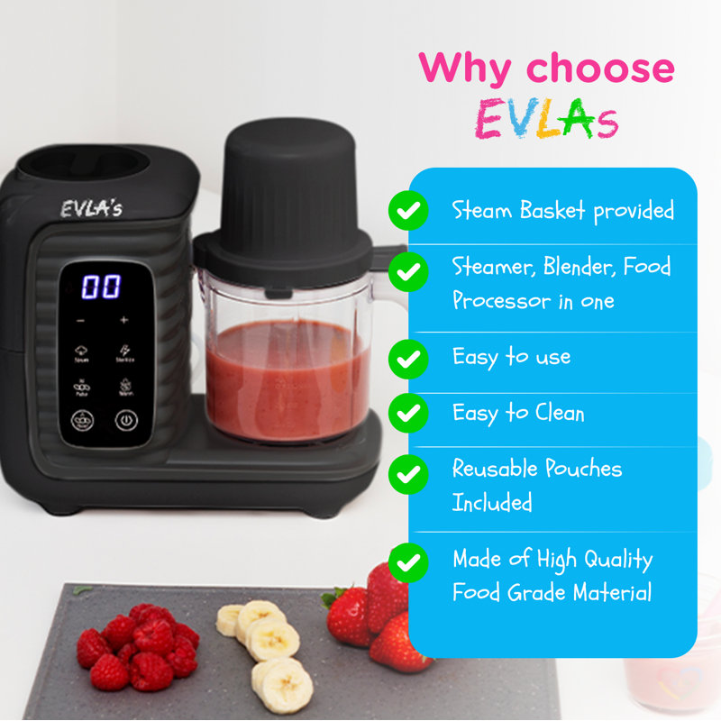 EVLA's Dark Grey Electric Baby Food Processor with Steaming Baskets