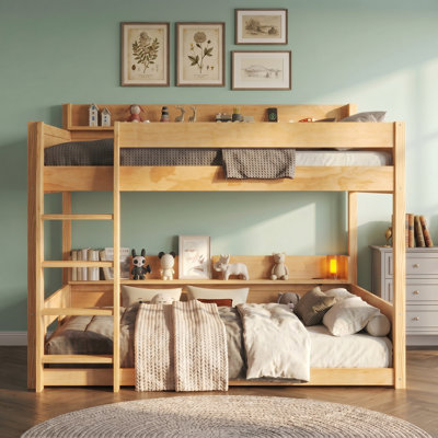 Queen Over Queen Bunk Bed Kids Bed With Storage Shelves And USB Ports,  Pine Wood+MDF Bed Frame With Charging Station, No Box Spring Required