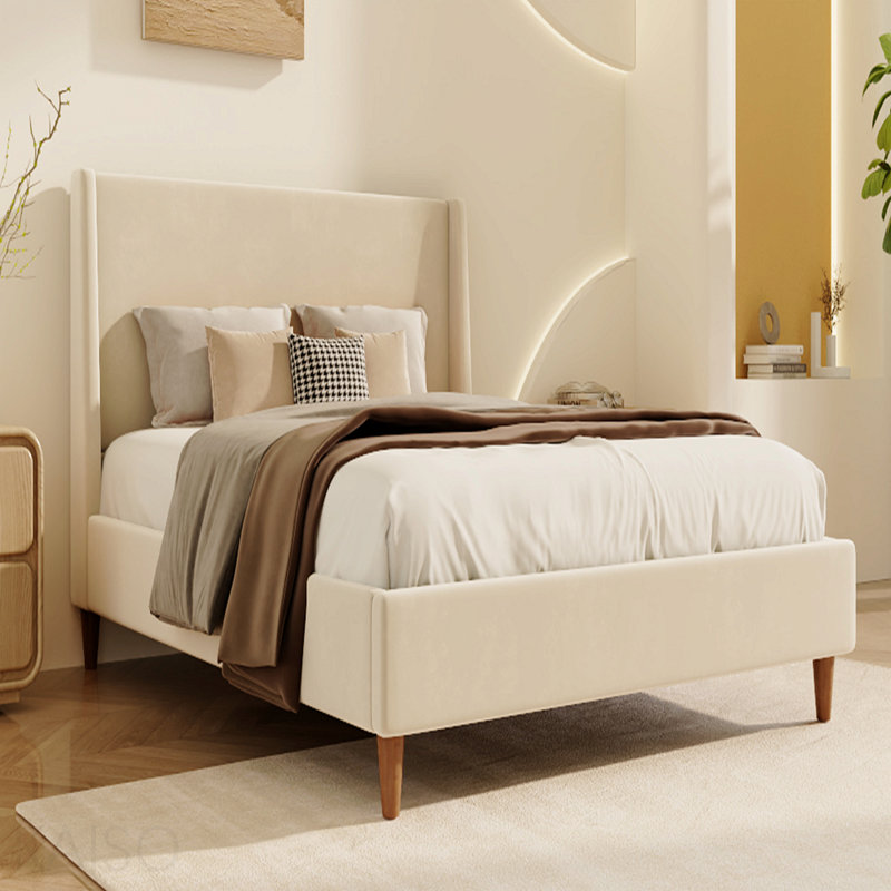 Modern Beige Velvet Upholstered Platform Bed With Wingback Headboard And Walnut Wooden Legs, No Box Spring Needed, King Size